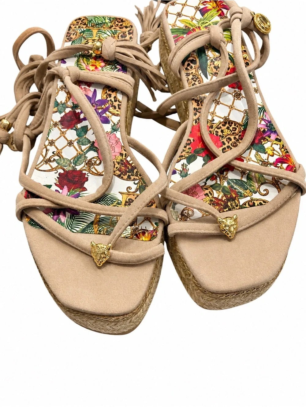 Camilla Colorful Wrap Fair Verona Lace Up Espadrille Wedge Sandals Gold Charm